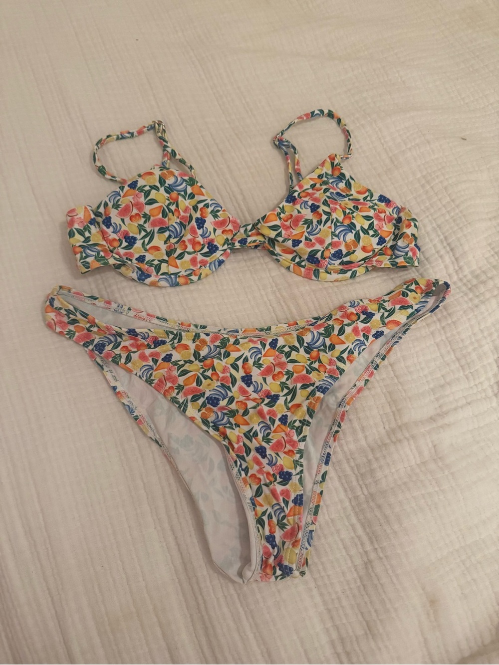Floral Fruit Print Bikini Set in White, Yellow, Pink, Blue